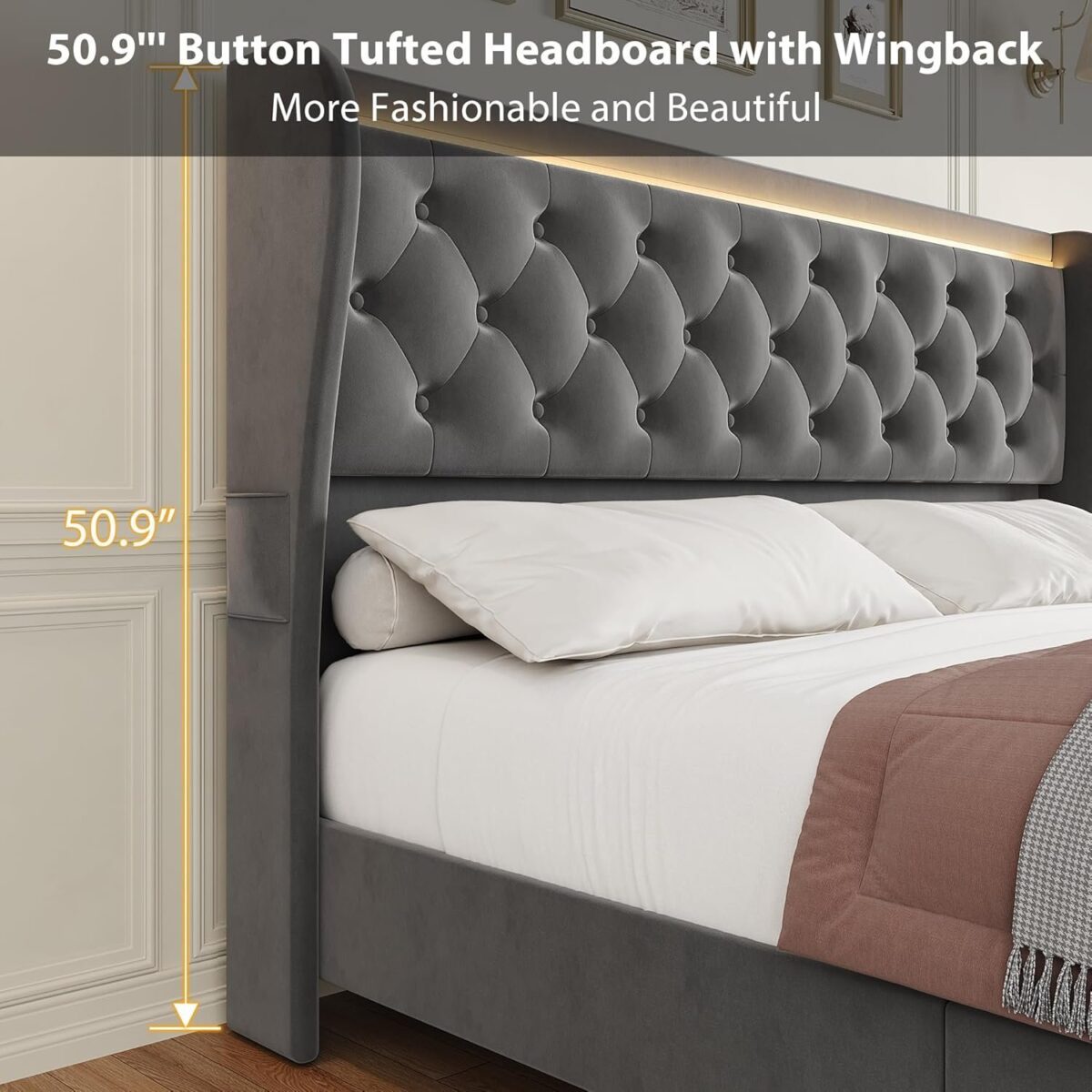 Queen Bed Frame with LED Lights Charging Station, Tall Upholstered Bed Frame with Wingback Headboard