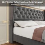 Queen Bed Frame with LED Lights Charging Station, Tall Upholstered Bed Frame with Wingback Headboard