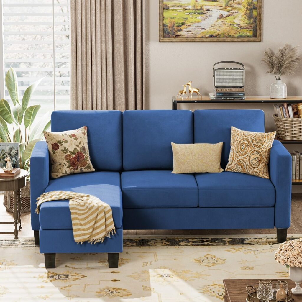 Convertible Sectional Sofa Couch, L-Shaped 3 Seat with Linen Fabric and Movable Ottoman, for Small Apartments