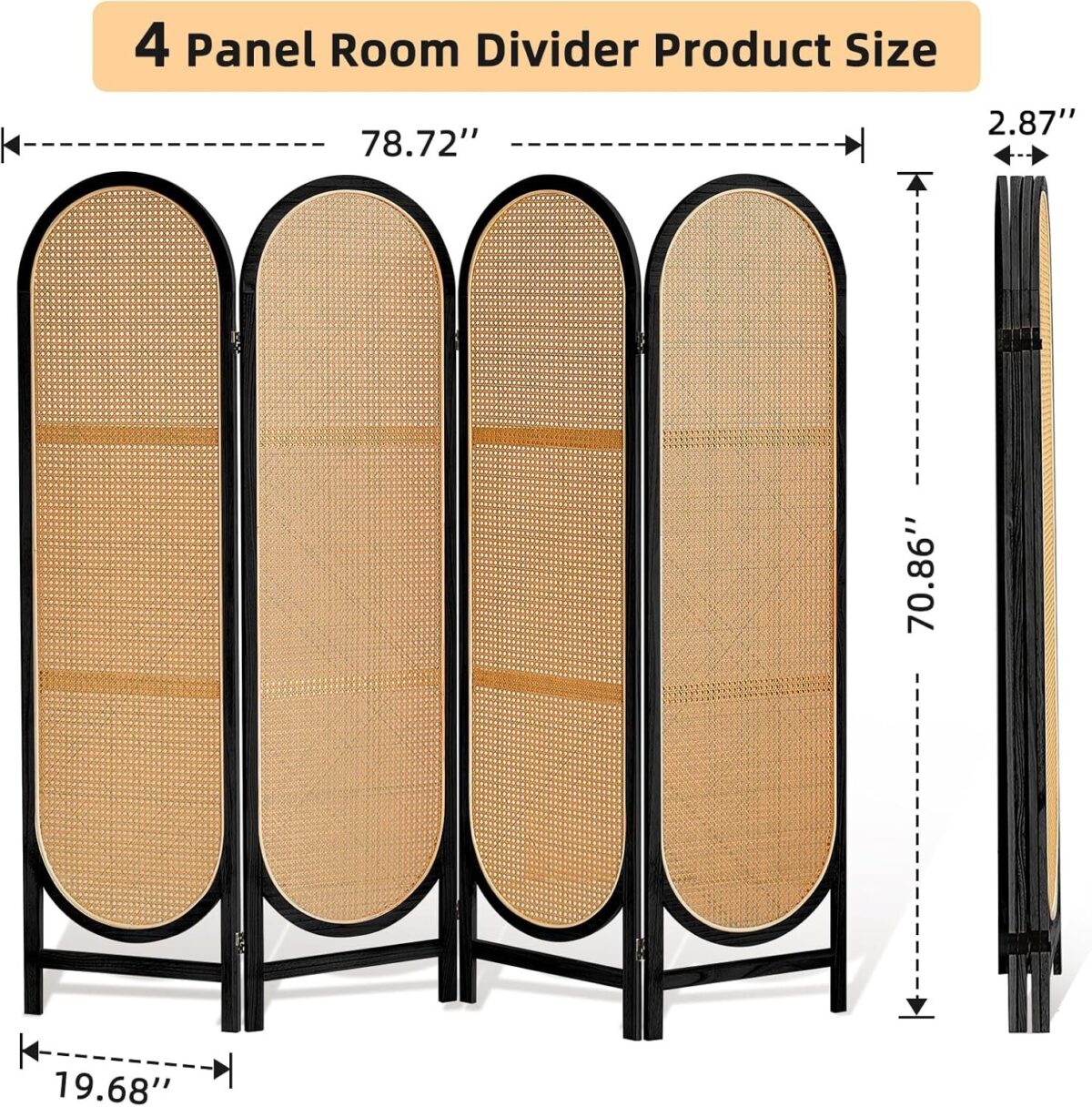 4 Panels Room Divider Wall, Foldable Wooden Room Divider, Individual Privacy Screen Made of Hand-Woven Rattan