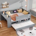 Twin Daybed with Trundle, Bookcase Headboard Storage and Desk, USB Charging Station, Wood Twin Bed Frame for Kids, Teens