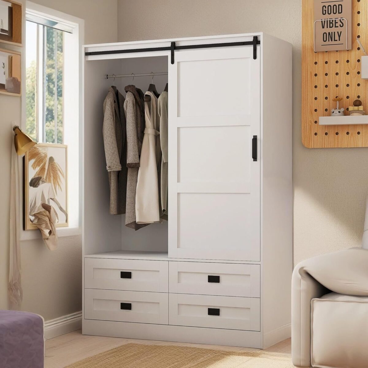 Tall Wardrobe Closet with Barn Door, Wooden Freestanding Armoire w/ 4 Drawers