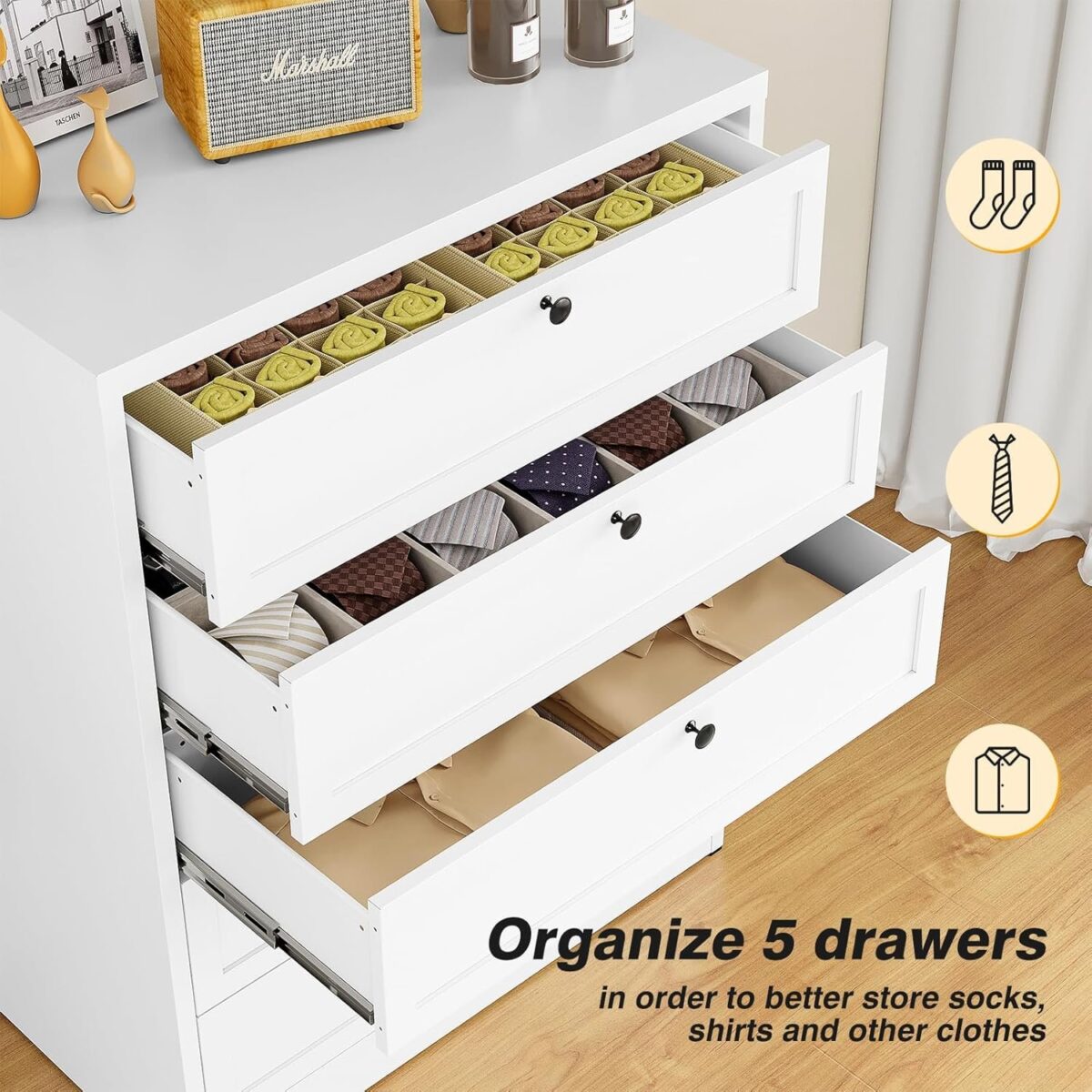 5 Drawer Dresser, White Tall Dresser, 73" H Modern Storage Chest of Drawers, Metal Storage Organizer Cabinet