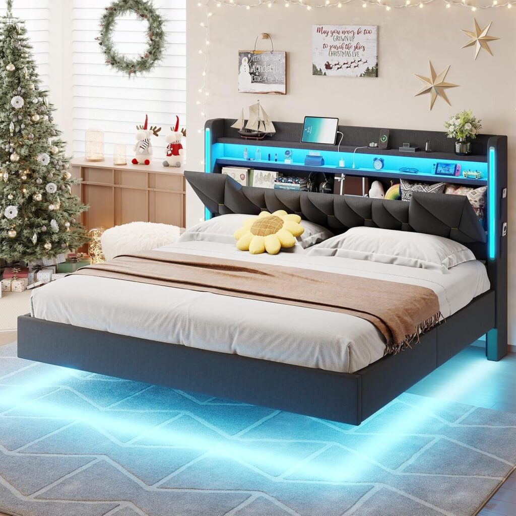 King Floating Bed Frame with Hidden Storage Space and Charging Station, RGB Light