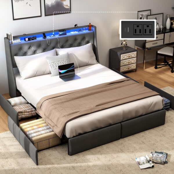 King Size Bed Frame with Storage Headboard, Metal Platform Bed Frame King with 4 Drawer, LED Light, Charging Station