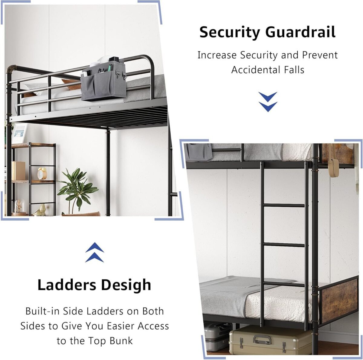 Metal Bunk Bed Twin Over Twin, Industrial Bunkbeds with Heavy Duty Bed with Safety Guard Rails and Space-Saving Design