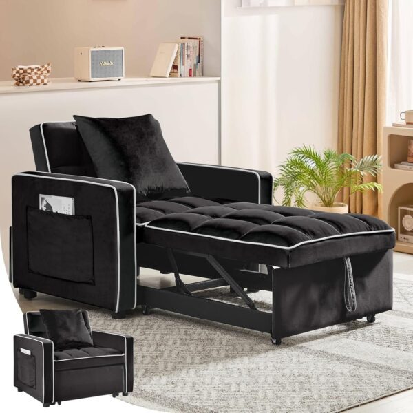 3 in 1 Sleeper Sofa Chair Bed, Velvet Convertible Single Sleeper Sofa with 3 Level Adjustable Backrest