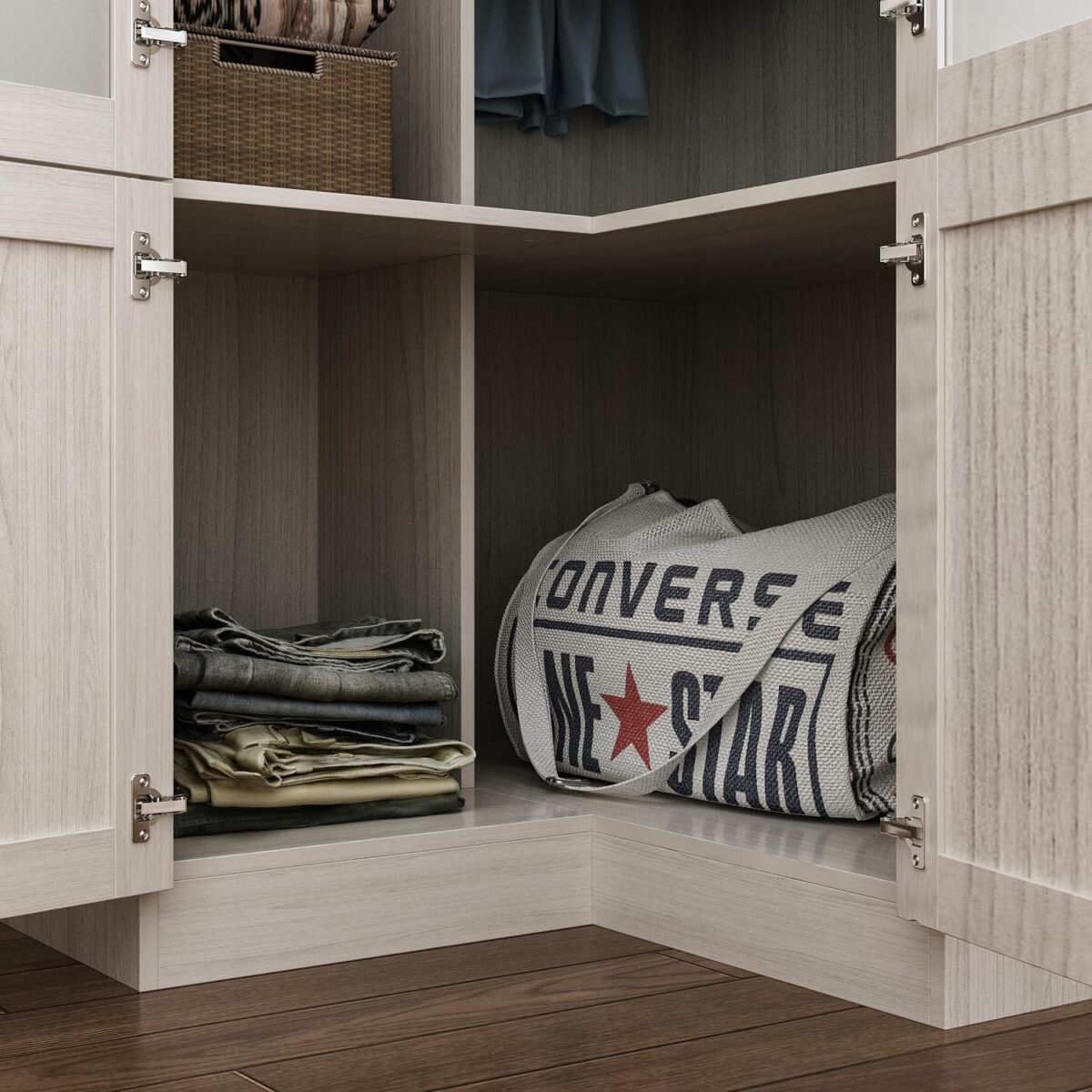 Corner Wardrobe Closet with 2 Glass Doors, Armoire Wardrobe Closet with Hanging Rod, Top Cube Storage