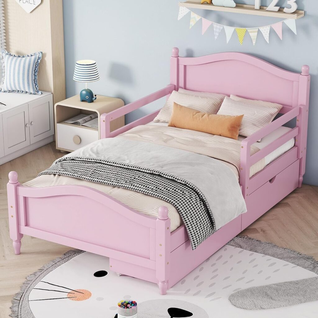 Kids Twin Bed Frame with Storage Drawers and Rails, Wood Platform Beds with Headboard and Footboard, Pink Princess Bed