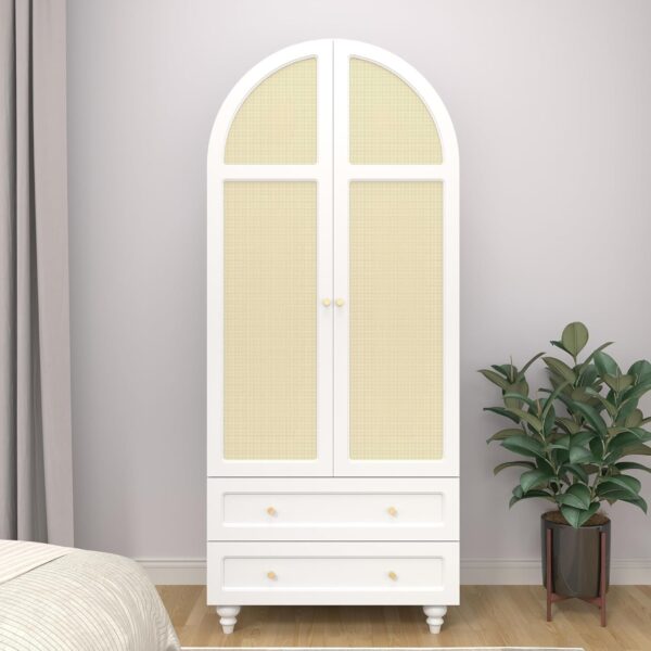 Arched Armoire Wardrobe Closet with 2 Rattan Doors, Wooden Wardrobe Closet with 2 Drawers