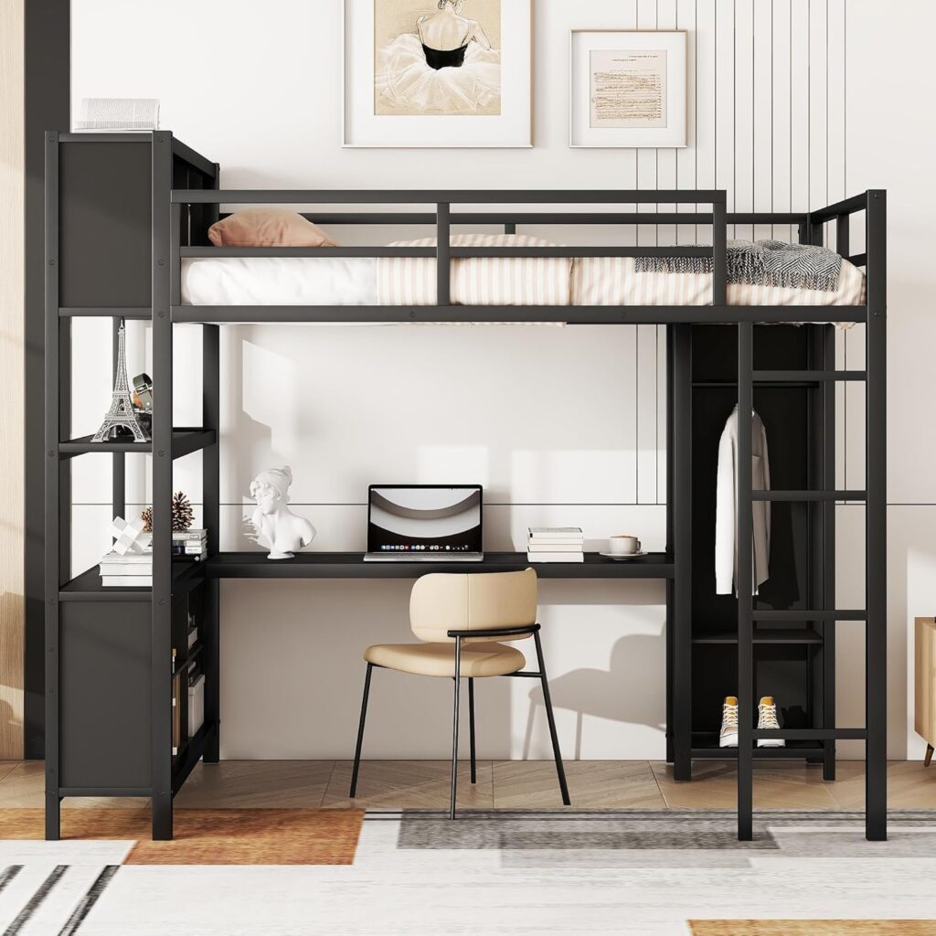 Full Size Metal Loft Bed with Wardrobe and L-Shaped Desk, Heavy Duty Loft Bed