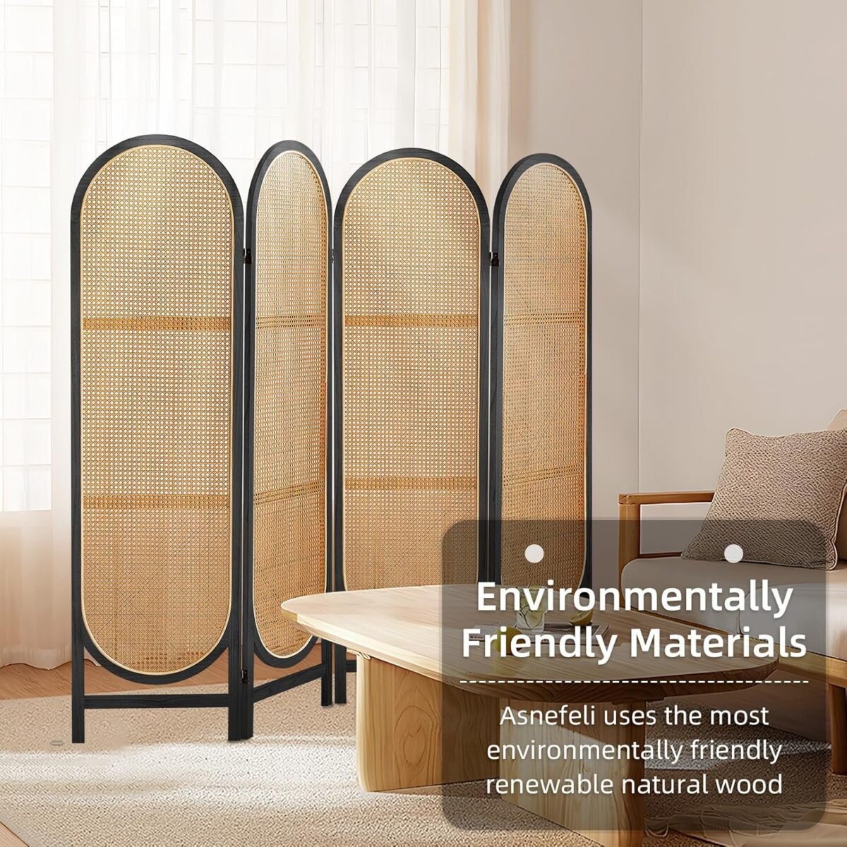 4 Panels Room Divider Wall, Foldable Wooden Room Divider, Individual Privacy Screen Made of Hand-Woven Rattan