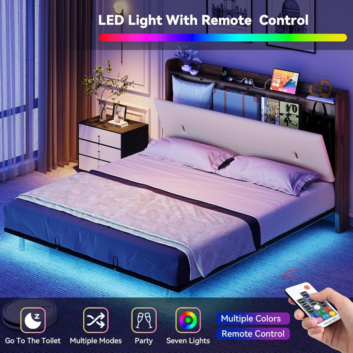 Floating Bed Frame Queen with Hidden Storage Headboard &RGB LED Lights, PU Leather Upholstered Platform Bed with USB-C/A