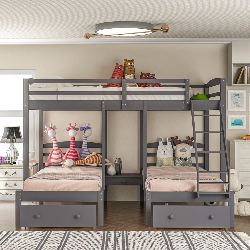 Full Over Twin & Twin Bunk Bed Kids & Teens, Wooden Triple Bunk Bedframe with Desk & Two Storage Drawer