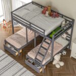 Full Over Twin & Twin Bunk Bed Kids & Teens, Wooden Triple Bunk Bedframe with Desk & Two Storage Drawer