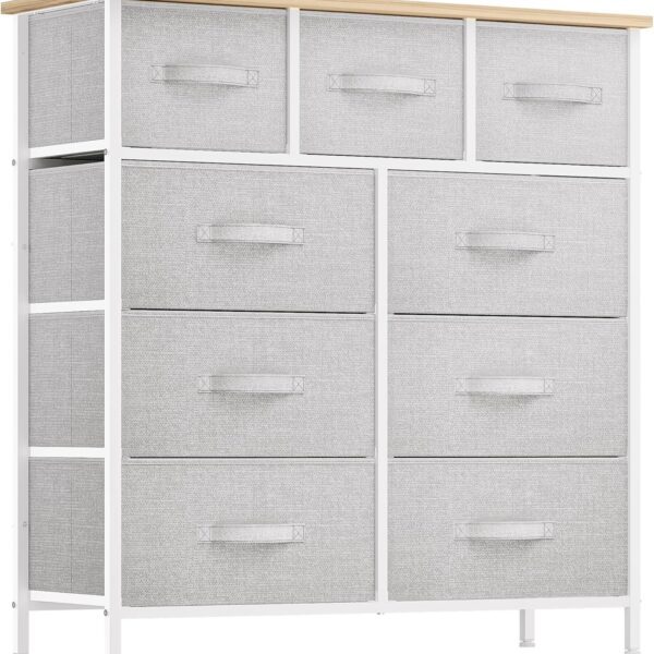 9 Drawer Dresser, Light Gray Fabric Storage Tower, Tall Organizer Unit for Room - Sturdy Steel Frame