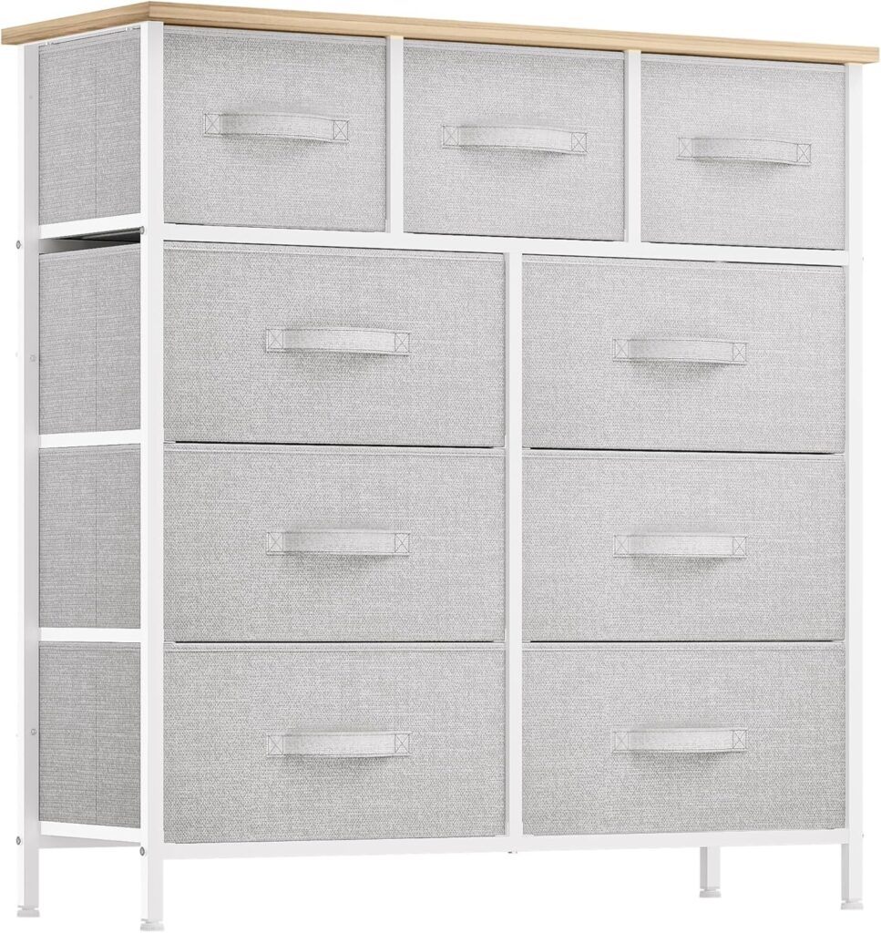 9 Drawer Dresser, Light Gray Fabric Storage Tower, Tall Organizer Unit for Room - Sturdy Steel Frame