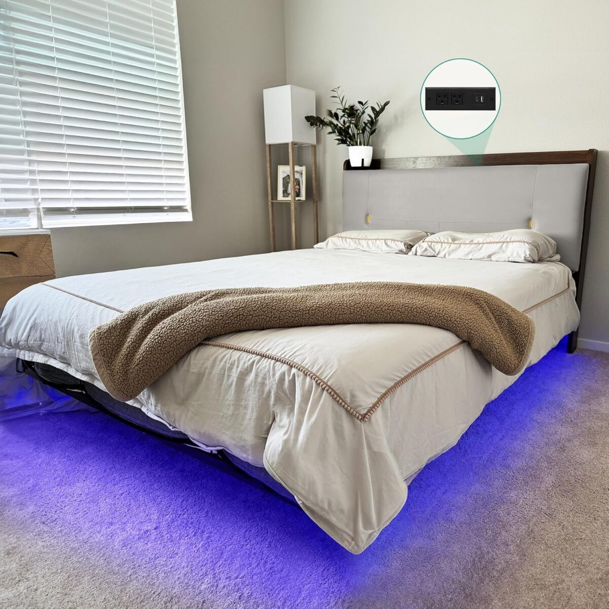 Floating Bed Frame Queen with Hidden Storage Headboard &RGB LED Lights, PU Leather Upholstered Platform Bed with USB-C/A