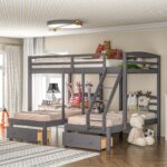 Full Over Twin & Twin Bunk Bed Kids & Teens, Wooden Triple Bunk Bedframe with Desk & Two Storage Drawer