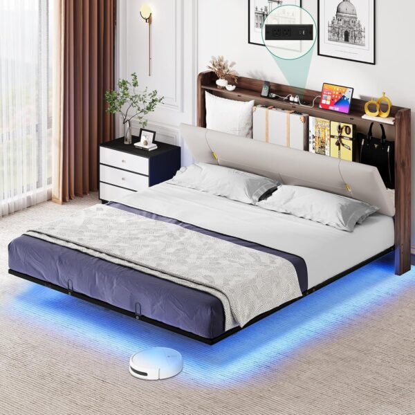 Floating Bed Frame Queen with Hidden Storage Headboard &RGB LED Lights, PU Leather Upholstered Platform Bed with USB-C/A