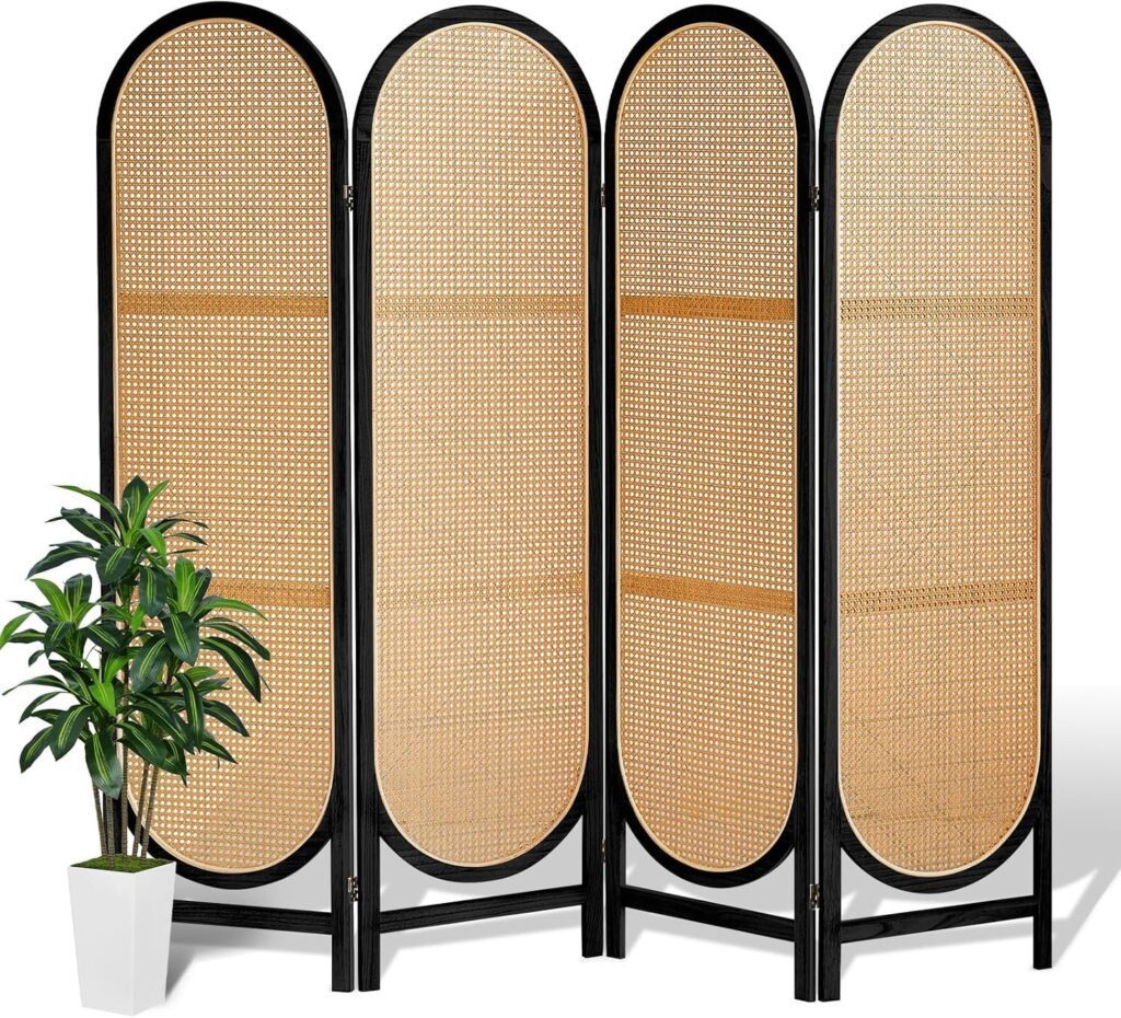 4 Panels Room Divider Wall, Foldable Wooden Room Divider, Individual Privacy Screen Made of Hand-Woven Rattan