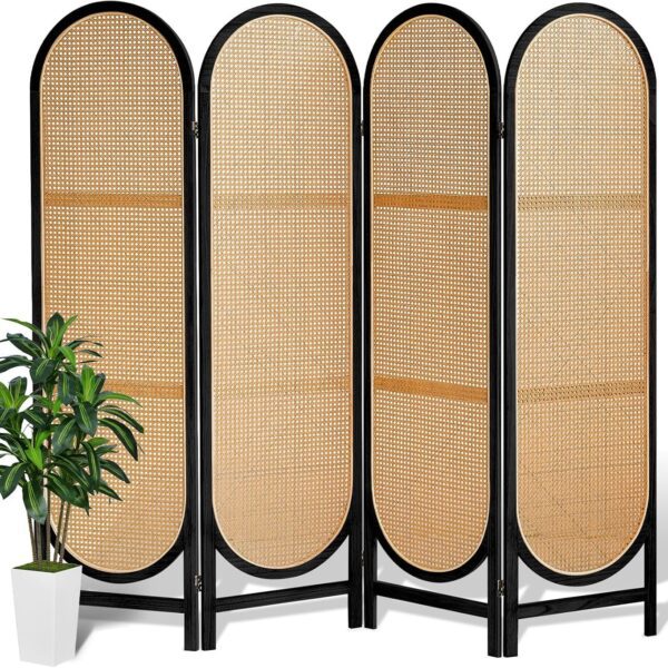 4 Panels Room Divider Wall, Foldable Wooden Room Divider, Individual Privacy Screen Made of Hand-Woven Rattan