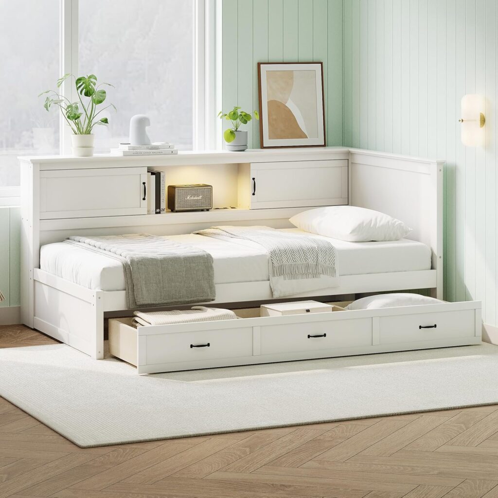 Full Size L-Shaped Bed with Drawer and Bookcase, Corner Bed Wooden Captain Bed Frame with Led Downlight and USB Port