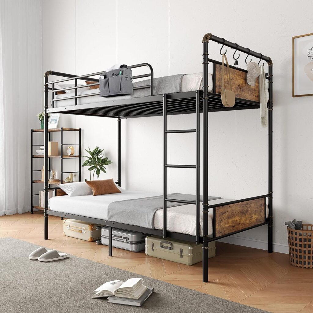 Metal Bunk Bed Twin Over Twin, Industrial Bunkbeds with Heavy Duty Bed with Safety Guard Rails and Space-Saving Design