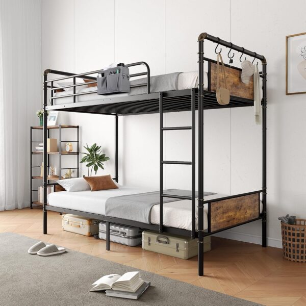 Metal Bunk Bed Twin Over Twin, Industrial Bunkbeds with Heavy Duty Bed with Safety Guard Rails and Space-Saving Design