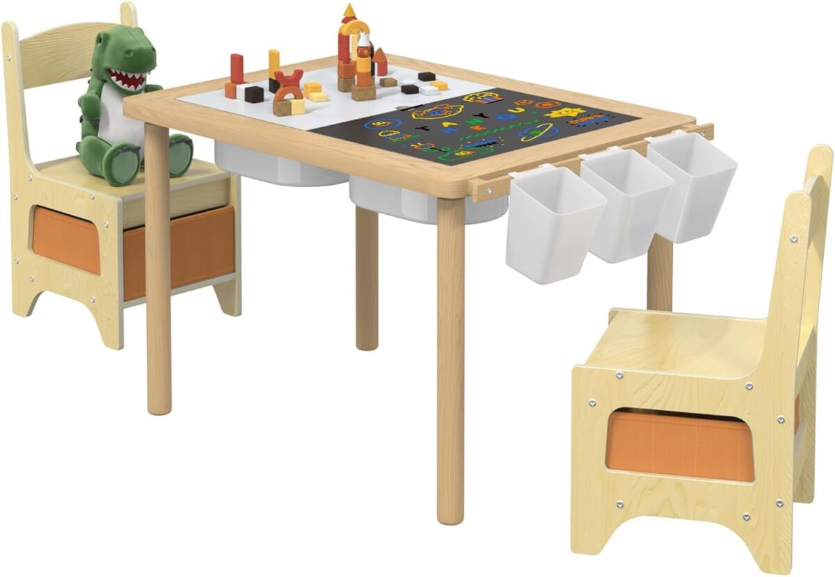 Wood Toddler Table and Chair Set, Sensory Kids Table with Stroage Graffiti Desktop Activity Table