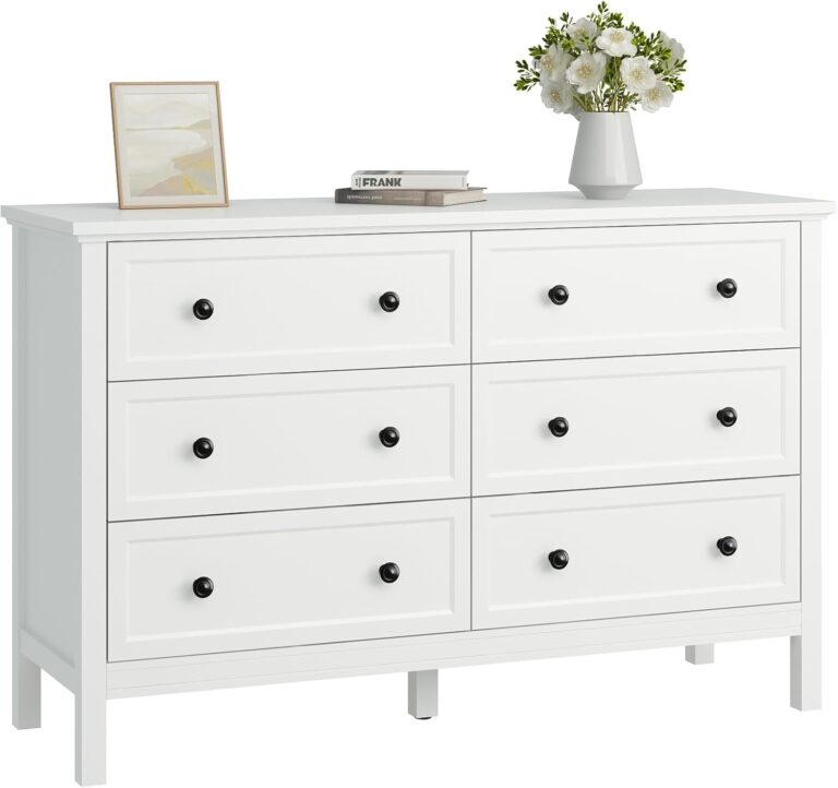 White Dresser for Bedroom, 6 Drawer Dresser with Wide Drawer and Metal Handles, Wood Dressers