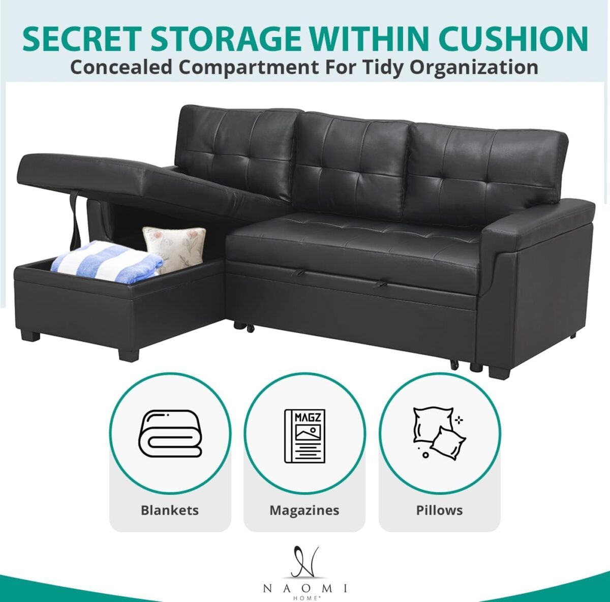 Home Jenny Sectional Sofa Sleeper with Storage Chaise, Tufted Pull Out Couch with Storage, Sectional Sofa Bed