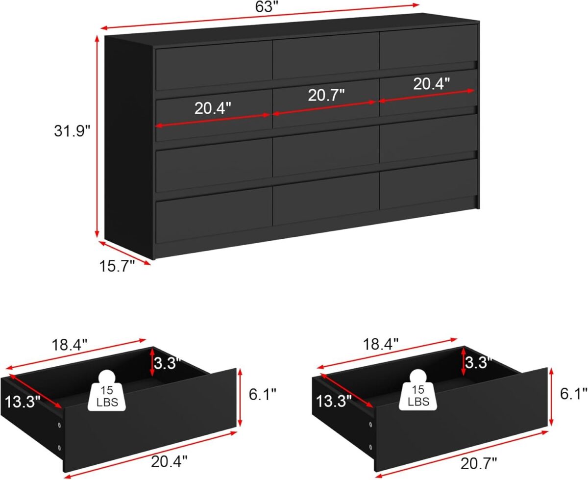 Dresser with 12 Handleless Drawers, 63" Large Chest of Drawers with Slide Rails, Modern Wooden Double Dresser