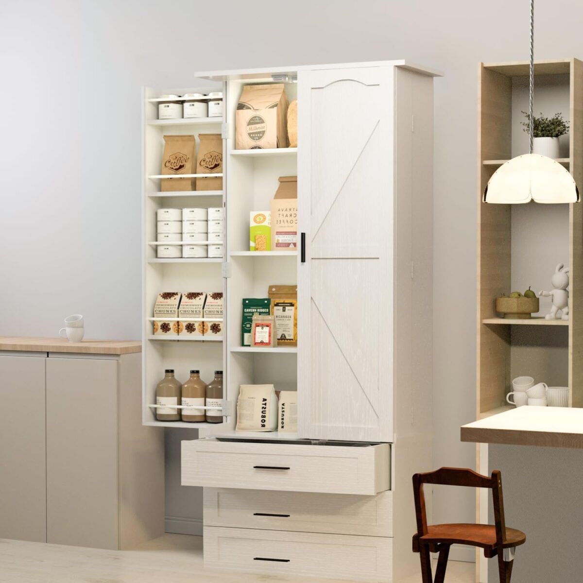 Cabinet with 3 Drawers Farmhouse Tall Storage Cabinet Wood Food Pantry with Barn Doors and Adjustable Shelves Versatile Storage
