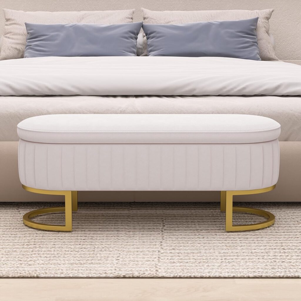 Ottoman Bench with 300lb Seating, Upholstered Fabric End of Bed Bench with Gold Legs,Flipping Lid Entryway