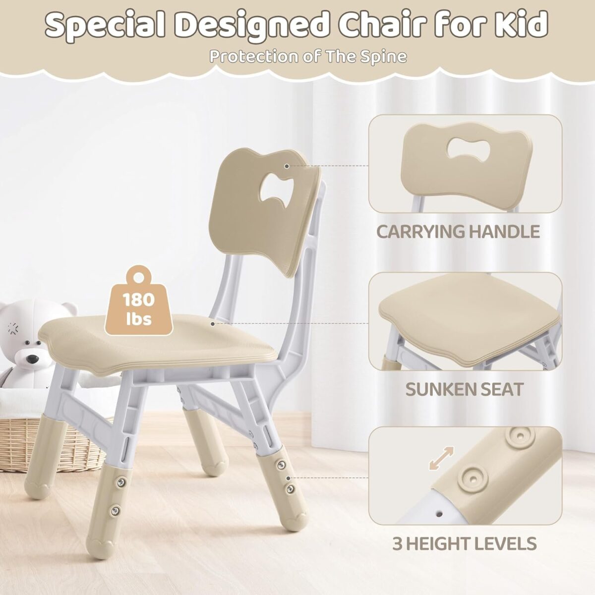 Kids Table and 4 Chairs Set, Height Adjustable (17.7"-26.1") Toddler Table and Chair Set