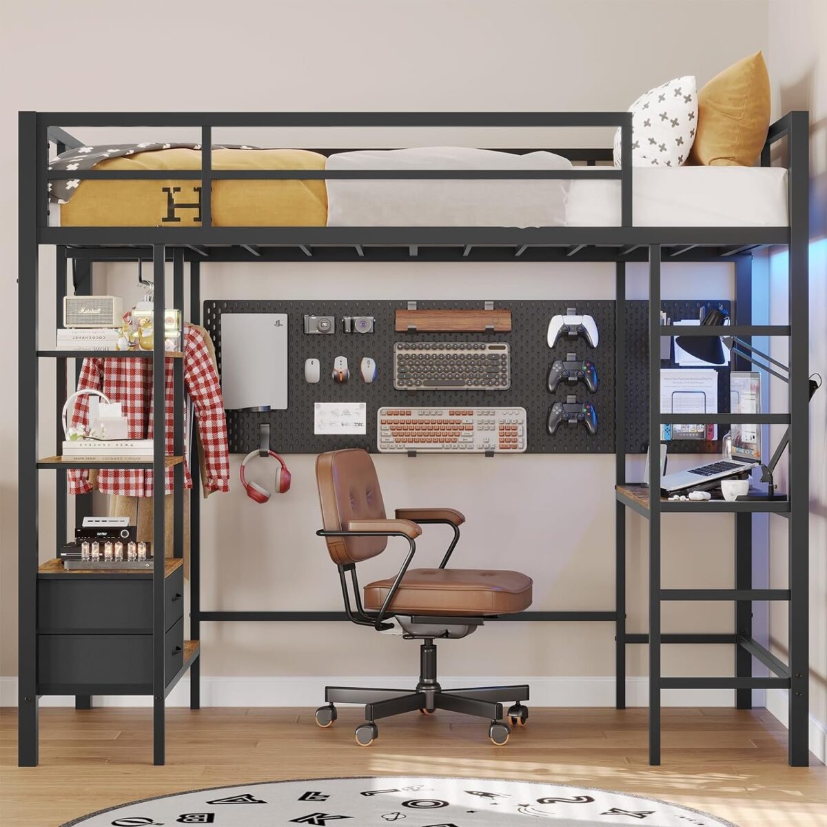 Loft Bed Twin Size with Desk and Charging Station Metal Loft Bed with Led Lights,Storage Shelves and Drawers