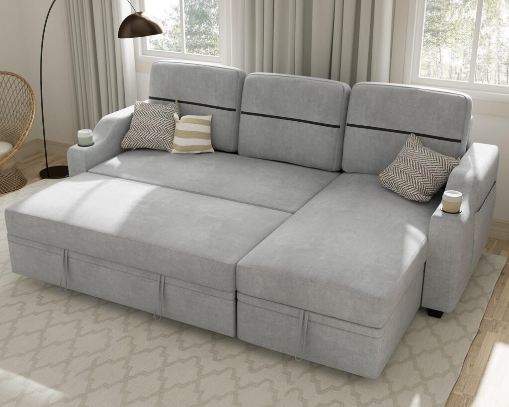 82" Sleeper Sofa Bed with Reversible Storage Chaise Pull Out Couch for Living Room