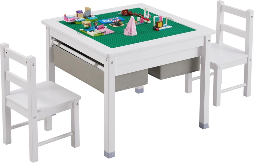 3 in 1 Kids Table and 2 Chairs Set with Storage Drawers, Construction Play Table with Detachable Blocks and Blackboard Tabletop