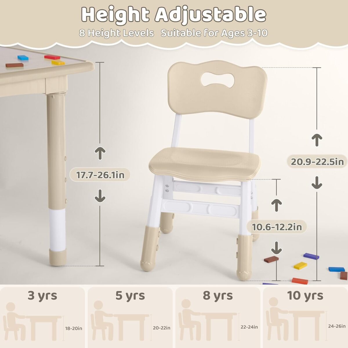 Kids Table and 4 Chairs Set, Height Adjustable (17.7"-26.1") Toddler Table and Chair Set