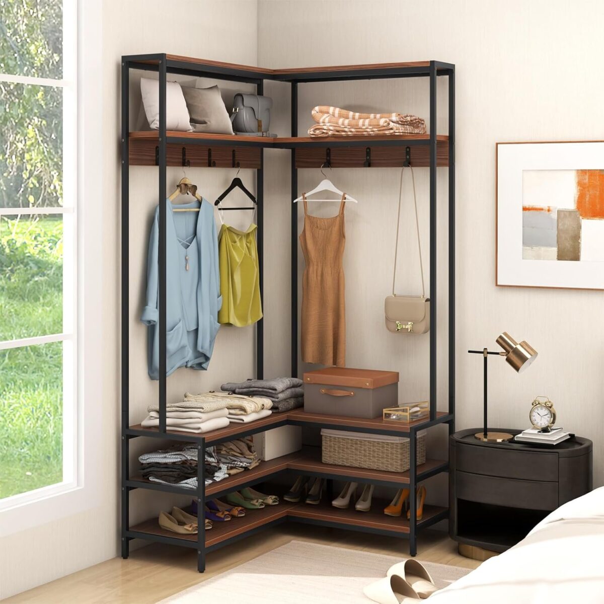 Corner Hall Tree, 70 Inch Coat Rack with Bench and Shoe Storage, Entryway Furniture with 7 Hooks