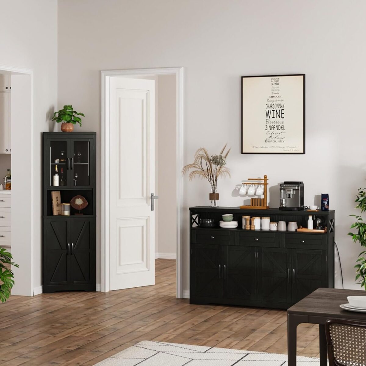 Black Buffet Sideboard Cabinet with Storage, Farmhouse Kitchen Storage Pantry Cabinet with Shelves, Wood Cupboard Hutch Cabinet