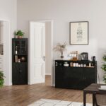 Black Buffet Sideboard Cabinet with Storage, Farmhouse Kitchen Storage Pantry Cabinet with Shelves, Wood Cupboard Hutch Cabinet