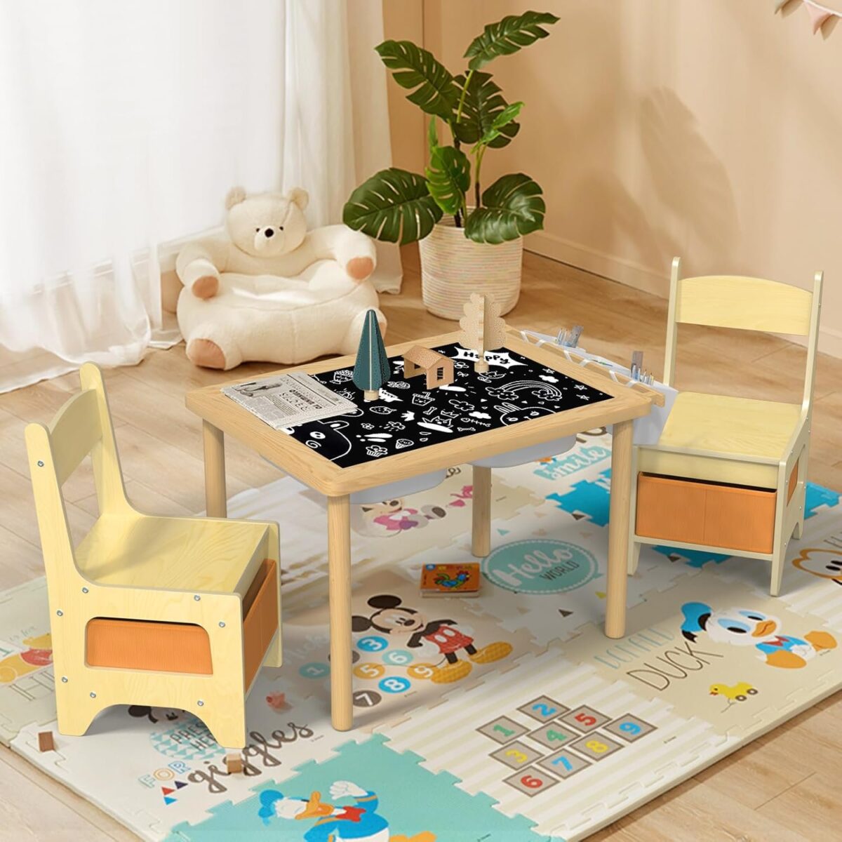 Wood Toddler Table and Chair Set, Sensory Kids Table with Stroage Graffiti Desktop Activity Table