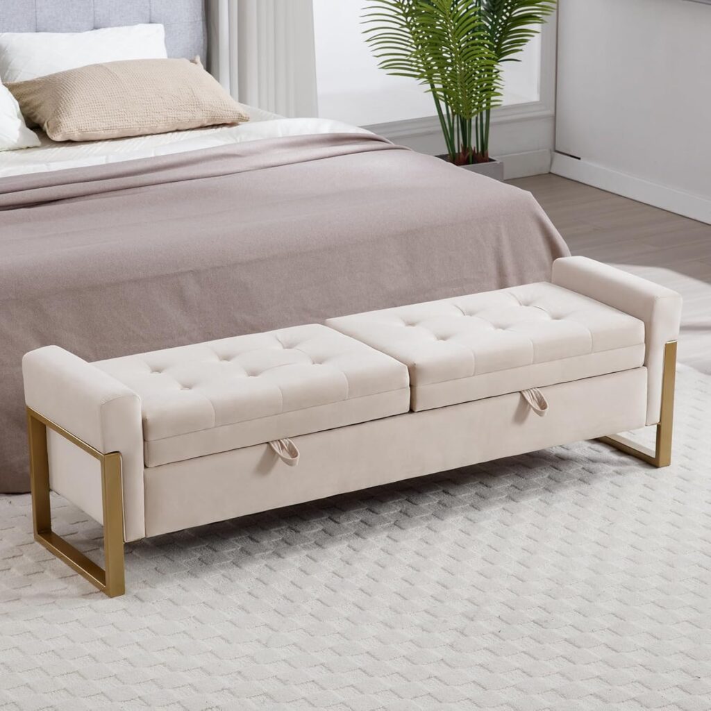 Storage Bench for Bedroom King Size, End of Bed Storage Bench with Gold Legs, Double Lids Tufted Bench