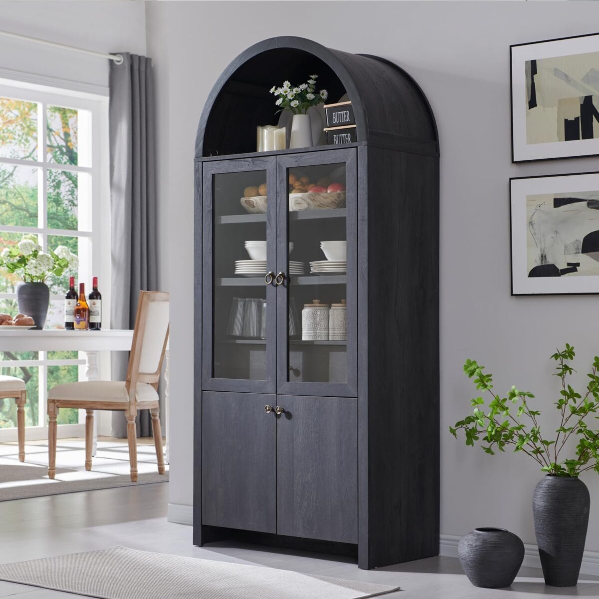 71" Tall Arched Kitchen Pantry Cabinet, Modern Farmhouse Kitchen Storage Cabinets with Open & Adjustable Shelves