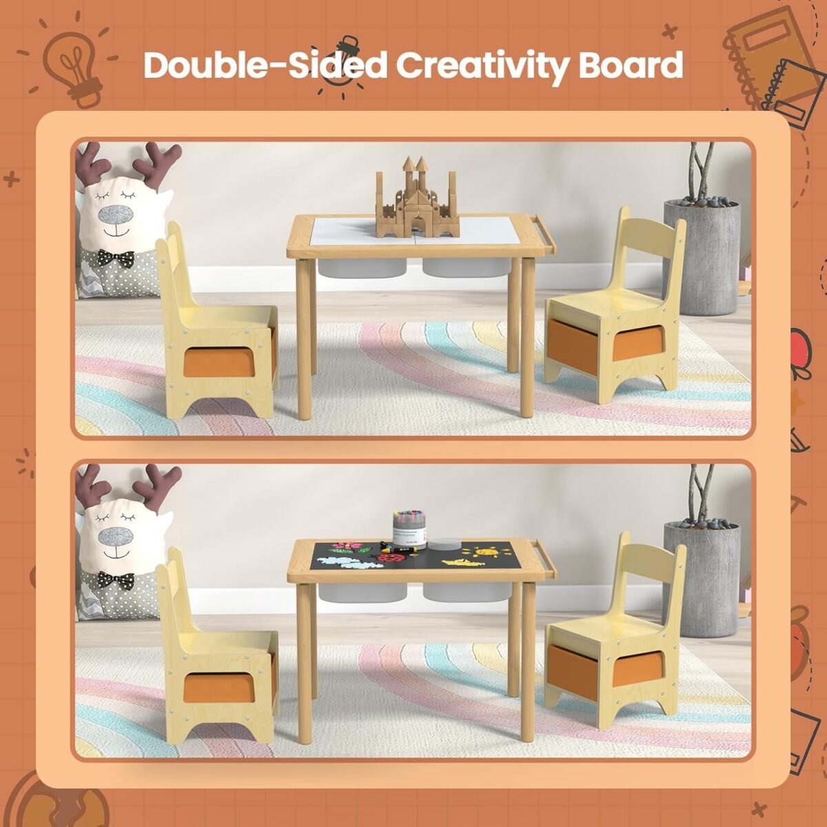 Wood Toddler Table and Chair Set, Sensory Kids Table with Stroage Graffiti Desktop Activity Table