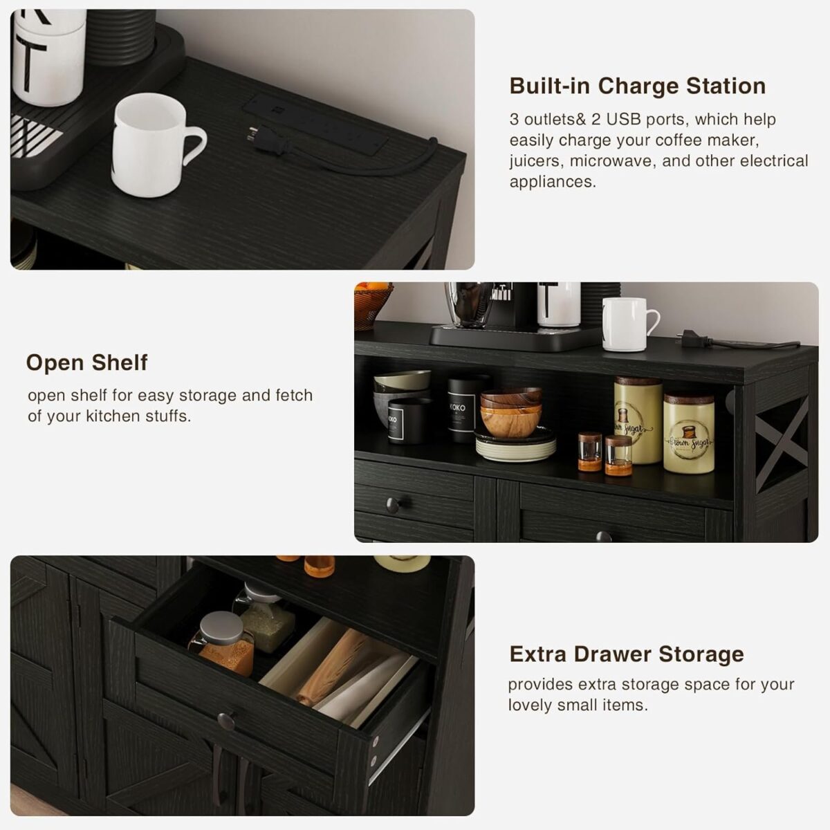 Black Buffet Sideboard Cabinet with Storage, Farmhouse Kitchen Storage Pantry Cabinet with Shelves, Wood Cupboard Hutch Cabinet