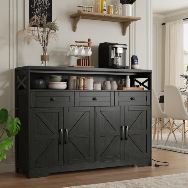 Black Buffet Sideboard Cabinet with Storage, Farmhouse Kitchen Storage Pantry Cabinet with Shelves, Wood Cupboard Hutch Cabinet