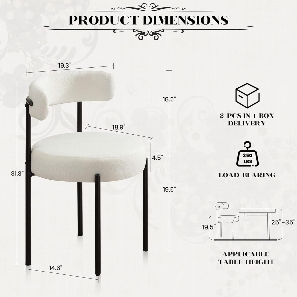 Dining Chairs Set of 4, White Boucle Dining Chair with Curved Backrest Upholstered Dining Chairs for Kitchen